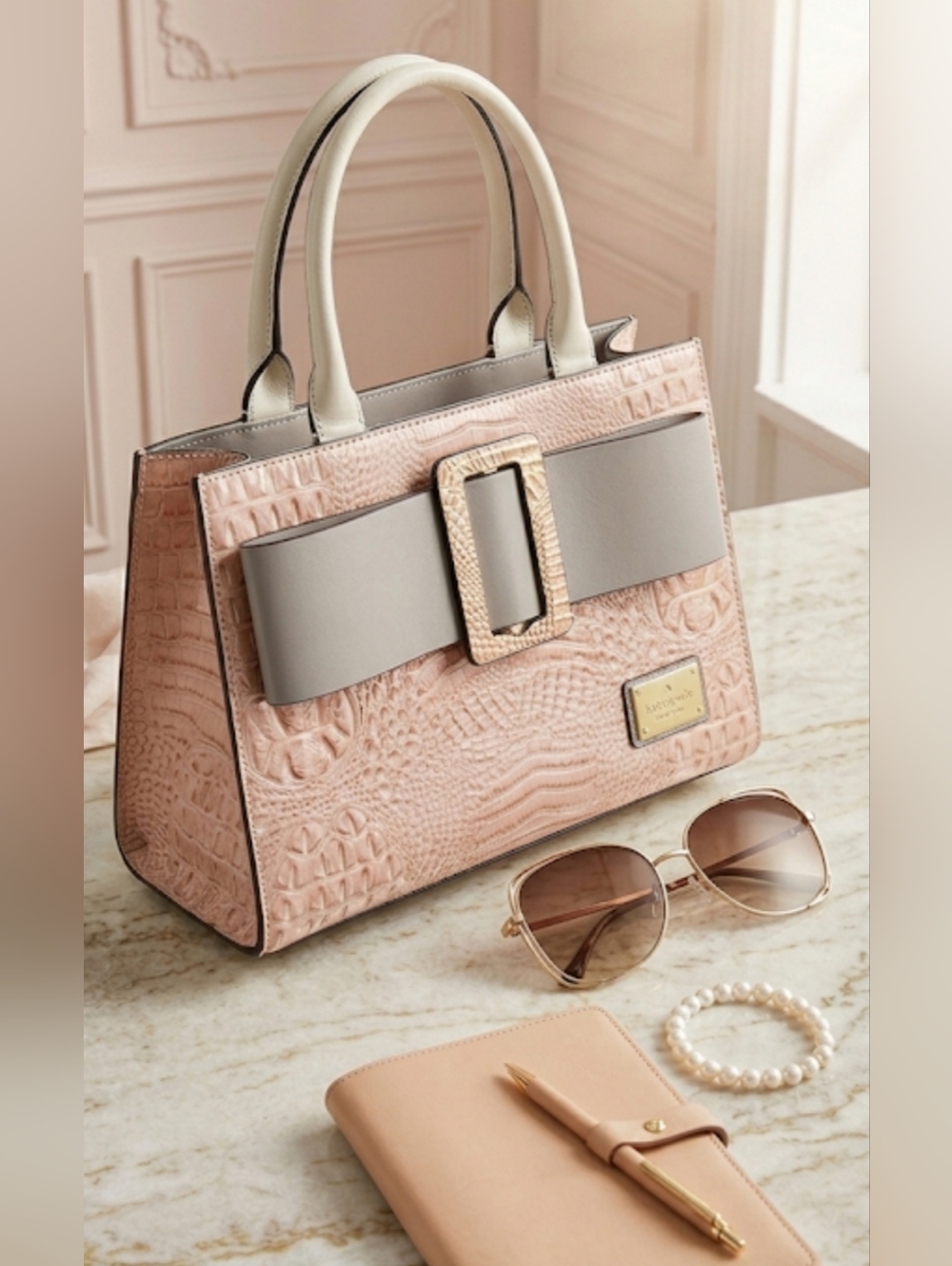 The Regal Rose Croc-Embossed Structured Satchel - Picture 14 of 14